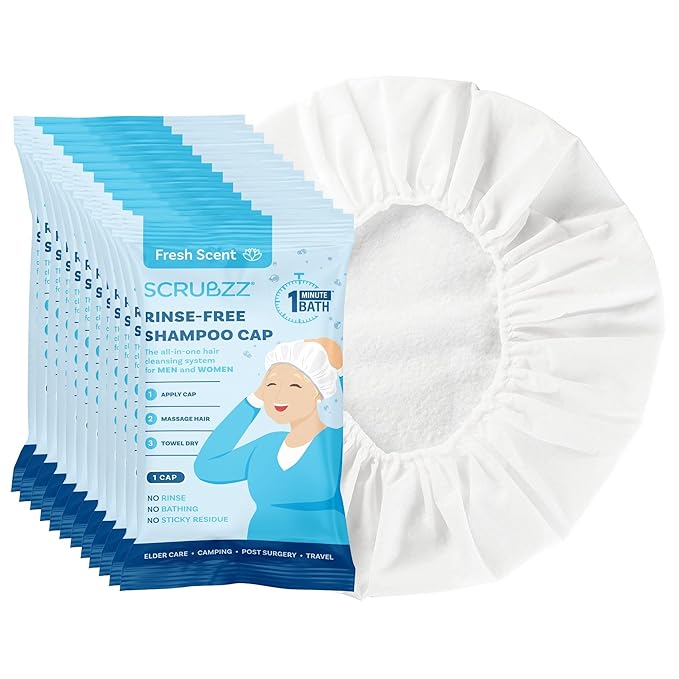 Scrubzz Shampoo Caps No Rinse for Elderly and Bedridden Patients, Rinse Free Shampoo Caps for Post Surgery and Hospital Stays, Waterless Hair Washing Shower Caps - 12 Pack