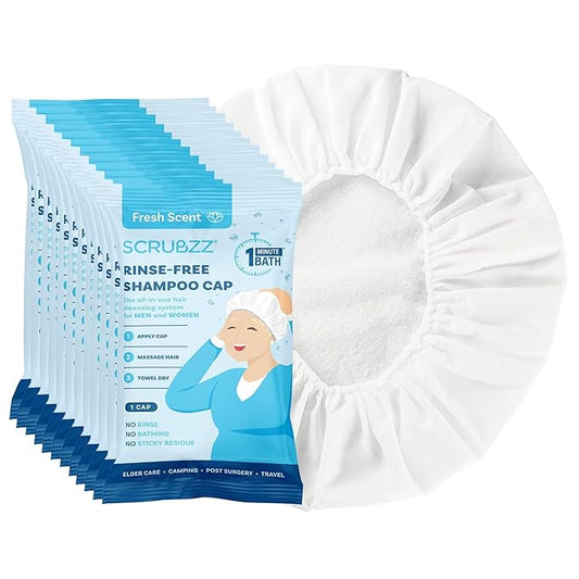 Scrubzz Shampoo Caps No Rinse for Elderly and Bedridden Patients, Rinse Free Shampoo Caps for Post Surgery and Hospital Stays, Waterless Hair Washing Shower Caps - 12 Pack