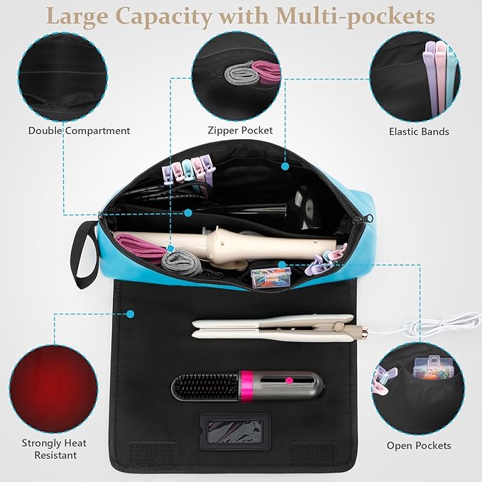 GNEGNI Hair Tools Travel Bag with Heat Resistant Mat, 2-in-1 Portable Hot Tools Organizer fits Curling Iron, Straightener & Hair Accessories, Travel Vacation Essentials(Blue/Pink) (Blue)