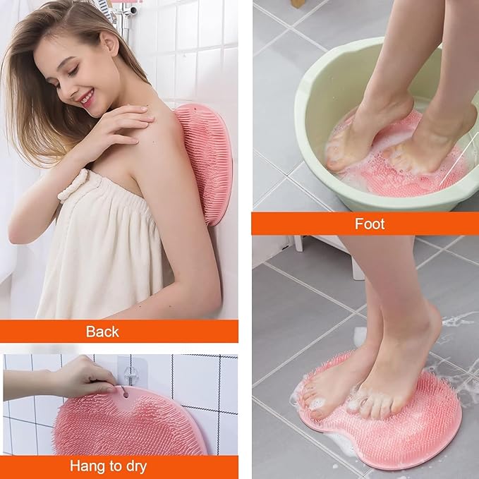 Shower Back & Foot Scrubber,Wall Mounted Back Scrubber Silicone Bath Massage Cushion Brush with Suction Cups,Bathroom Wash Foot Mat Exfoliating Dead Skin Foot Brush (L-Pink 1pcs)