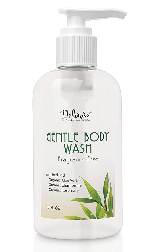 Deluvia Gentle Body Wash, Moisturizing Body Wash with Aloe Vera, Organic Jojoba Seed Oil, Sweet Almond Oil and Vitamin E, Unscented, for All Skin Types, Including Sensitive Skin.