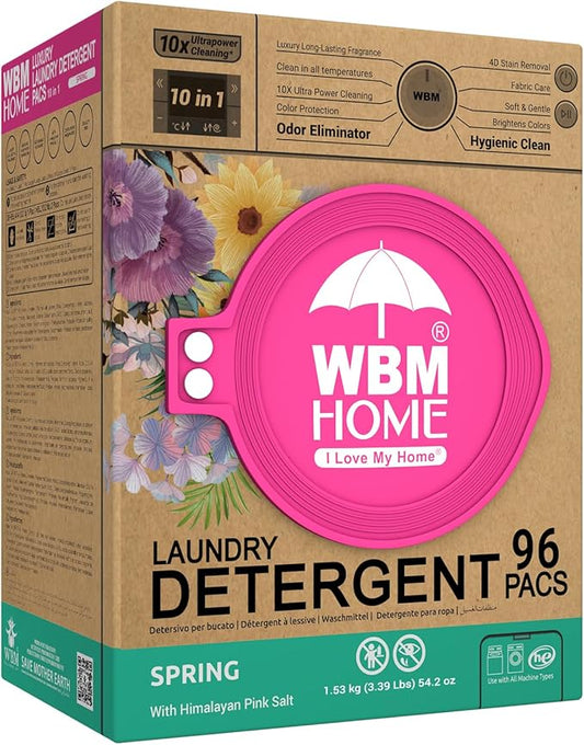 WBM Home Laundry Detergent Pods, Spring Fragrance Scent, 96 Count - HE Concentrated Laundry Pods With 10x Ultrapower Cleaning and 4D Laundry Stain Remover
