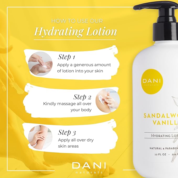 DANI Naturals Hand & Body Lotion - Warm Sandalwood Vanilla Scented Aromatherapy Moisturizer, Deep Hydration for Dry & Dull Skin with Shea Butter, Aloe Vera, & Vitamin E, Cruelty-Free & Vegan, 12 Oz