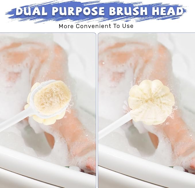 2 Pcs Long Handled Shower Brush Double Sided Bath Brush Massage Body Cleaning Mesh Sponge with Soft Bristles and Loofah for Skin Exfoliating Women Men - Blue