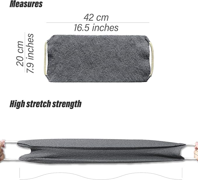 Inmorven Exfoliating Back Scrubber with Handles, Nylon Back Exfoliator, Two Sides Stretchable Pull Strap Shower Deep Cleans Skin Massages Invigorating Blood Circulation for Women Men Body (Dark Gray)