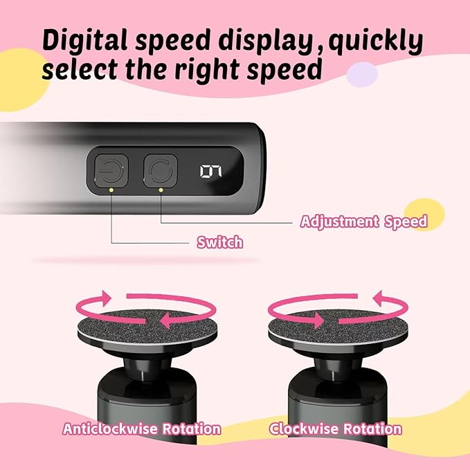 Electric Foot Callus Remover - 9-Speed with Glass Crystal Grinding Disc & Storage Box, 80/120 Grit Sandpapers (20pcs), 10 Nail Heads, Type-C Fast Charge for Dead Skin