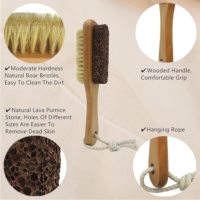 Dry Brushing Body Brush Set, Exfoliating Back Scrubber and Natural Lava Pumice Stone Brush for Feet, Horsehair Shower Brush Long Handle Detachable for Cellulite Lymphatic Improvement
