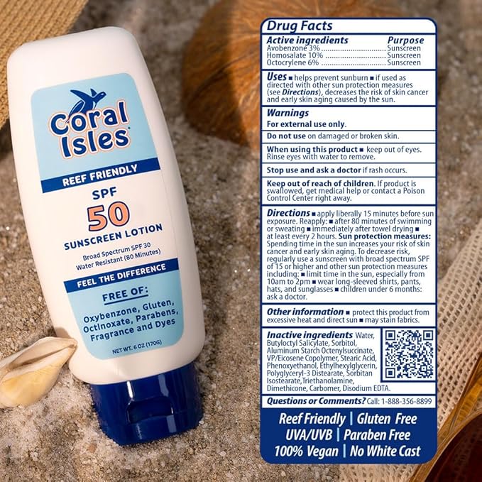 Coral Isles Sunscreen SPF 50 | Hawaii Reef-Safe Act Compliant | Octinoxate & Oxybenzone Free | Broad Spectrum UVA/UVB Protection | Water Resistant 80 Min. | Fragrance Free | 6 Fl Oz Lotion