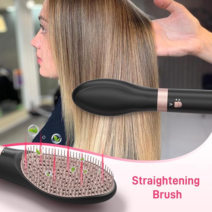 5 in 1 Dual Voltage Hot Air Styler - Professional Hair Dryer Brush for Fast Drying, Curling, Straightening & Volumizing | Low Heat Damage + Negative Ions + Travel-Friendly(Black + Pink)