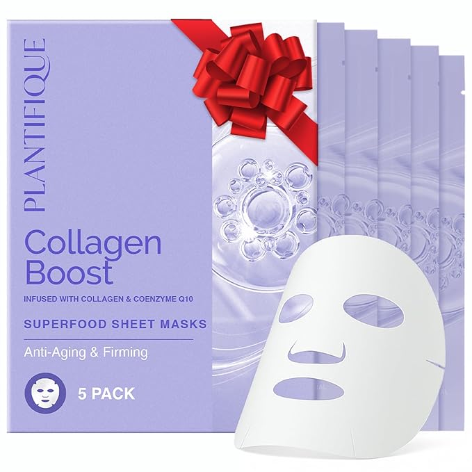 PLANTIFIQUE Facial Sheet Mask Collagen Boost 5 Pack – Anti-Aging & Firming Face Mask Sheets with Collagen, Coenzyme Q10 & Blueberries – Korean Skincare for a Smooth, Revitalized Look