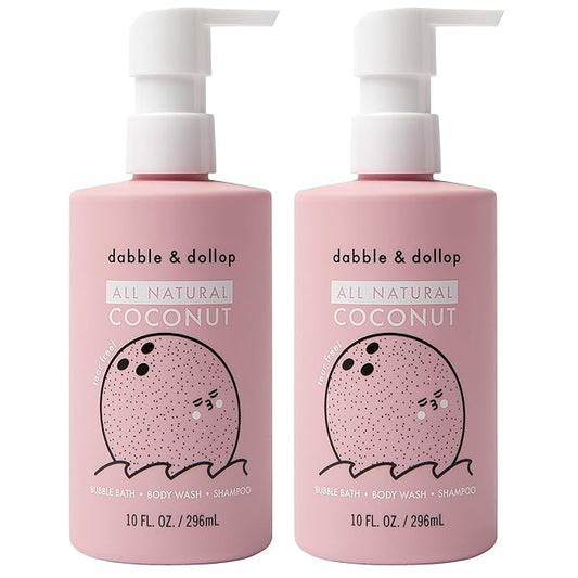 Dabble & Dollop Coconut Body Wash & Shampoo – 3-in-1 Natural Bubble Bath for Kids, No Parabens or Sulfates, Vegan, Gluten-Free, Tear-Free (10oz, Pack of 2)