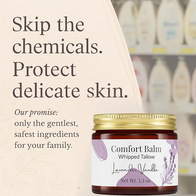 Whipped Tallow Balm – 100% Grass Fed Beef Tallow for Baby, Eczema & Sensitive Skin; Gentle Family Moisturizer for Dryness (Lavender Vanilla)