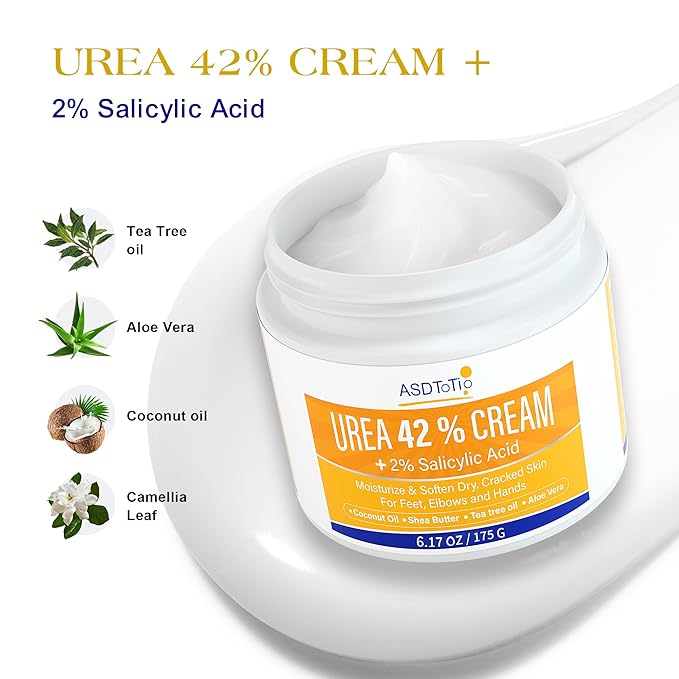 Urea Cream 42% - Foot Care for Dry Cracked Heels, Foot Lotion - With 2% Salicylic Acid, Tea Tree Oil, Shea Butter, Aloe Vera - For Feet, Hands, Heels, Elbows, Knees and More - 6 oz