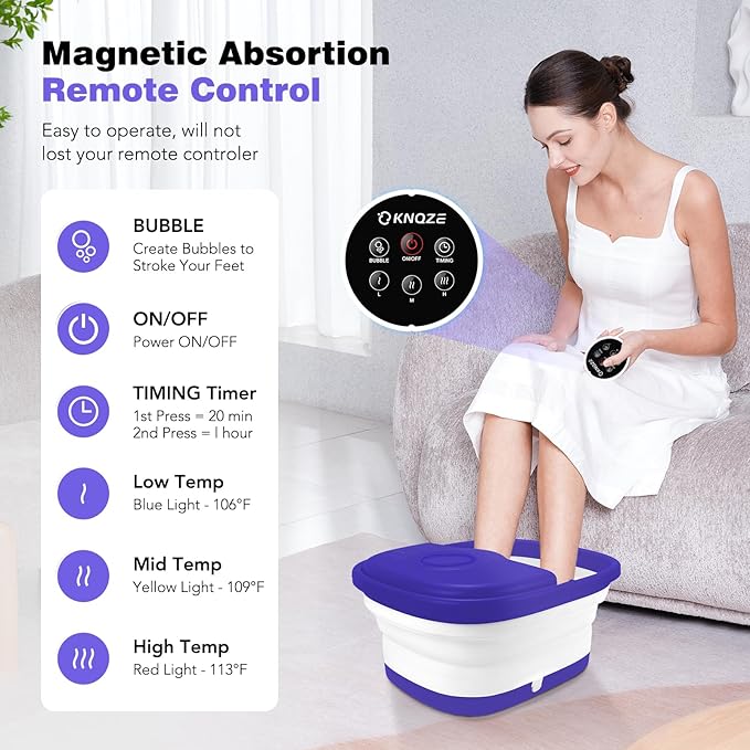 KNQZE Collapsible Foot Spa with Heat, Remote Control, Temperature Control, Bubbles, Pumice Stone, Red Light, Timer, 16 Massage Roller Pedicure Foot Bath Tub Foot Soaker for Feet Stress Relief, Purple