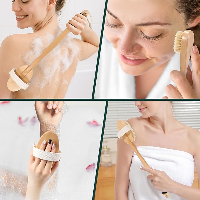 Dry Brush Set for Body & Face - Dry Brushing Body Brush with Long Handle & 3 Replacement Heads (Soft/Medium/Firm) for Lymphatic Drainage Cellulite