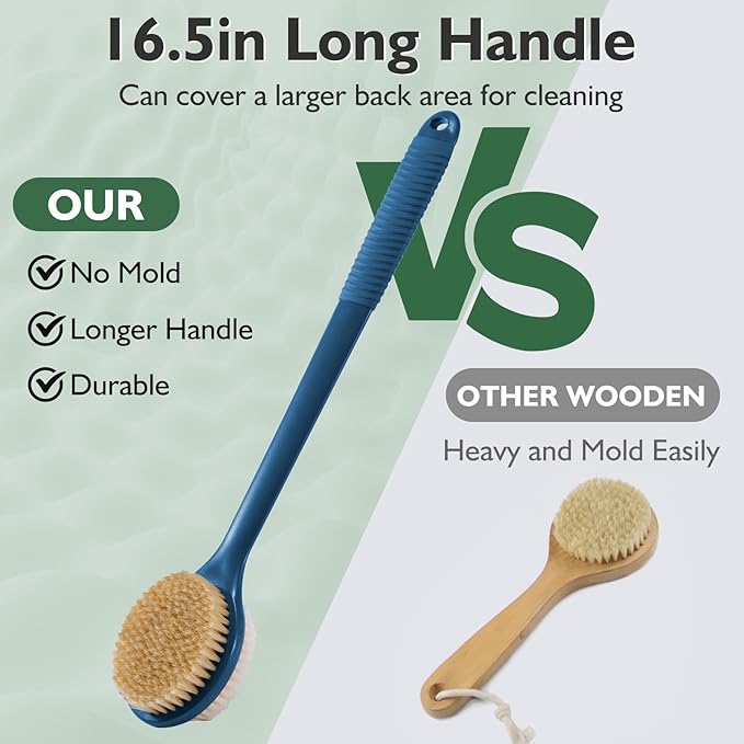VANZAVANZU 17 Inch Anti-Slip Long Handle Back Scrubber for Shower – Dual-Sided Shower Brush and Shower Back Scrubber with Soft and Stiff Bristles for Wet or Dry Brushing (Navy Blue)