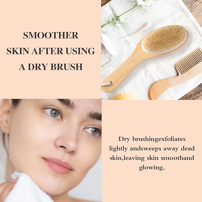 Bamboo Curved Long Handle Dry Brushes, Dry Body Brush for Dry Skin, Blood Circulation, Cellulite Treatment，Wet and Dry Brush Suitable for All Kinds of Skin with Soft and Stiff Bristles