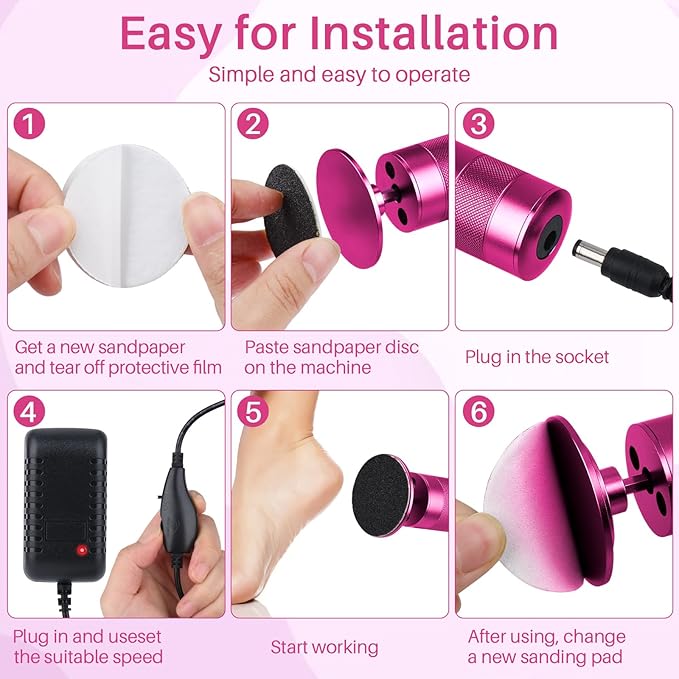 Electric Foot File Tool - Callus Remover for Feet, 2-in-1 Nail Grinder, Adjustable Speed with 60 Sandpaper Discs, Rose