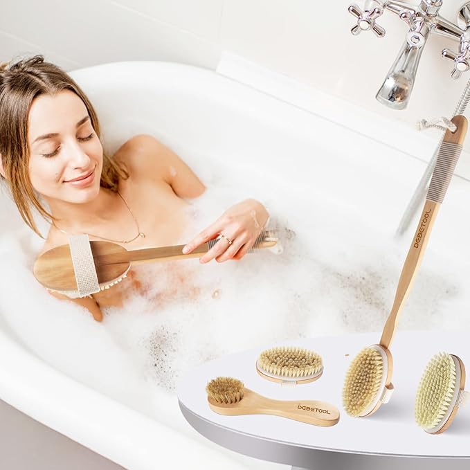 Dry Brushing Set - Natural Boar Bristle Body & Face Brush, Wooden Long Handle Scrub Brush for Cellulite & Lymphatic Drainage Body Care, Detachable, 3 Brush Heads