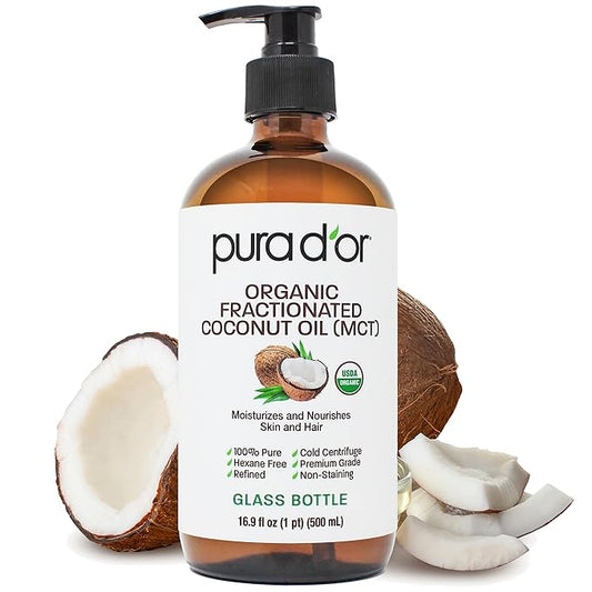 PURA D'OR 16.9 Oz ORGANIC Fractionated Coconut Oil (GLASS BOTTLE) USDA Certified MCT Oil – Therapeutic, Lightweight Moisturizer – Hexane Free Carrier Oil For Essential Oils, Massage – Face, Hair, Body