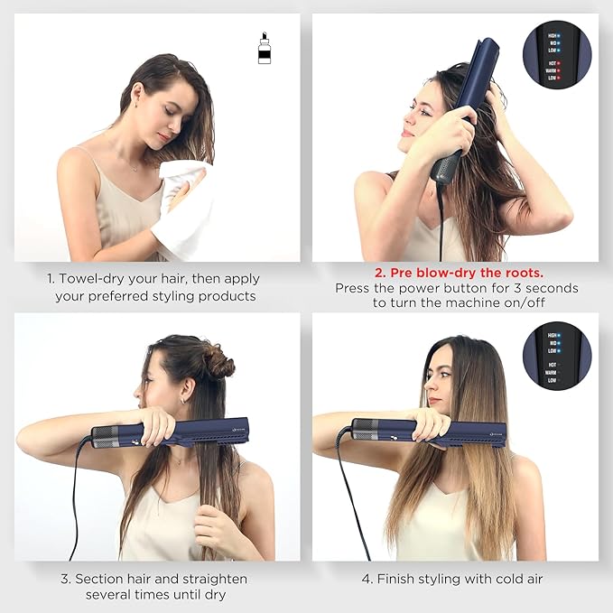 IG INGLAM Air Straight, Style from Wet Hair, 200M Ionic Hair Dryer Straightener for Medium Long Length(14”-30”), Straightener and Dryer 2 in 1, Fast Drying and Straightening in One Step, Dark Blue