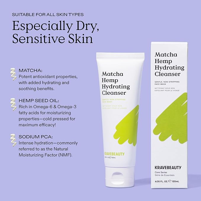 KraveBeauty Matcha Hemp Hydrating Cleanser – Korean-Inspired Gentle Daily Face Wash, Hydrating & Non-Stripping, Hemp & Matcha, Vegan & Cruelty-Free, 4.05 fl oz