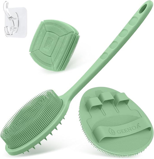 Silicone Back & Face Scrubber & Bath Glove Set 3PCS, 13.4'' Gentle Back Scrubber with Dual-Side Head, 360° Anti-Slip Bath Glove, Unique Side-bristled Face Scrubber for All-round Cleaning(Green)