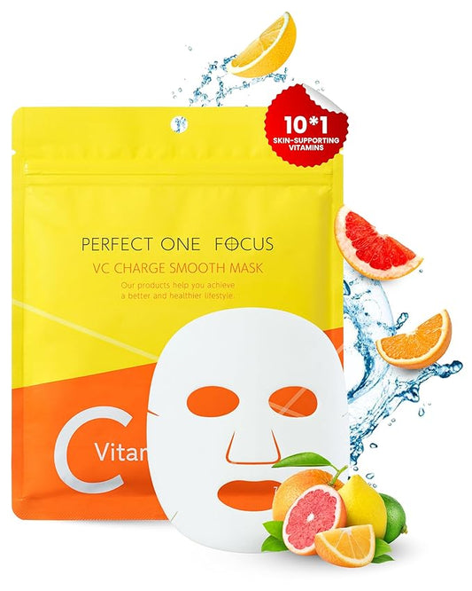 PERFECT ONE FOCUS VC Charge Smooth Mask - Vitamin-Infused Sheet Masks for Skin Care & Pores - Includes 10 Types of Vitamins, Hyaluronic Acid, Ceramides & Niacinamide - Citrus Scent, 7 Sheets