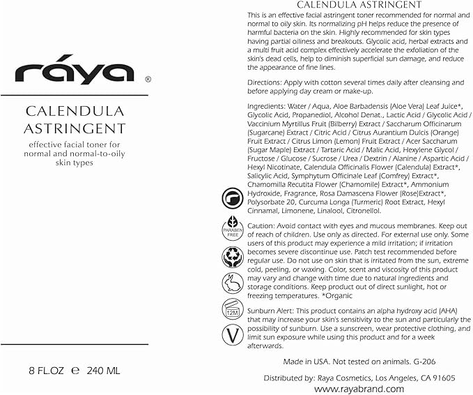 RAYA Calendula Astringent with AHA 8 oz (G-206) | Glycolic Facial Toner for Combo and Partially Oily Skin Prone to Break-Outs | Helps Normalize pH and Fight Bacteria | Made with Alpha Hydroxy Acids