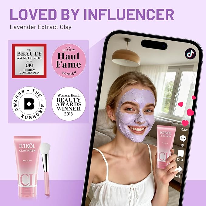 Deep Cleansing Purple Clay Mask for Face with Lavender, Glow Mud Mask to Balance Oil and Moisture, Minimize Blackheads, Soothing Care Pore Cleansing Mask with Brush