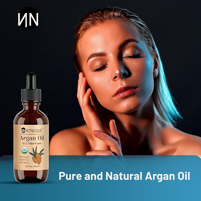 Natnique Organic Argan Oil, 2 oz – Pure Cold-Pressed Moroccan Oil from Morocco for Hair, Skin, Face & Nails – USDA Certified Organic, Virgin Aceite de Argan Cabello, Hexane-Free Moisturizer