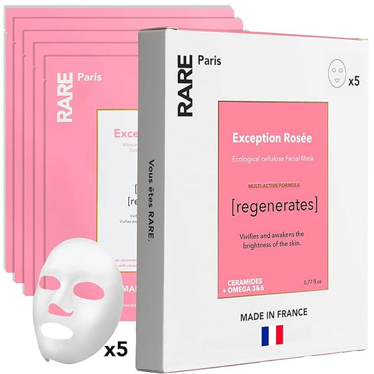 RARE Paris - Exception Rosée - Regenerating Facial Sheet Mask - Hydrating & Brightening - With Ceramides & Omega-3 & 6 - Brightening, Firming & Revitalizing - Multi-Active Serum Formula - 5 Pack