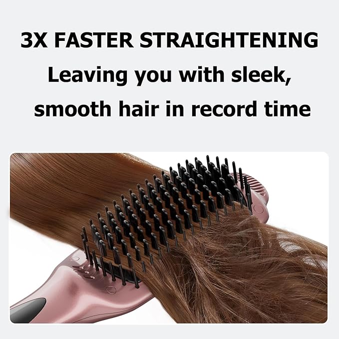 LANDOT Rose Gold Hair Straightener Brush - Elegant Gift for Women, Ionic Ceramic Straightening Brush for Smooth & Shiny Hair, Dual Voltage with 12 Adjustable Heat Settings 250°F-450°F
