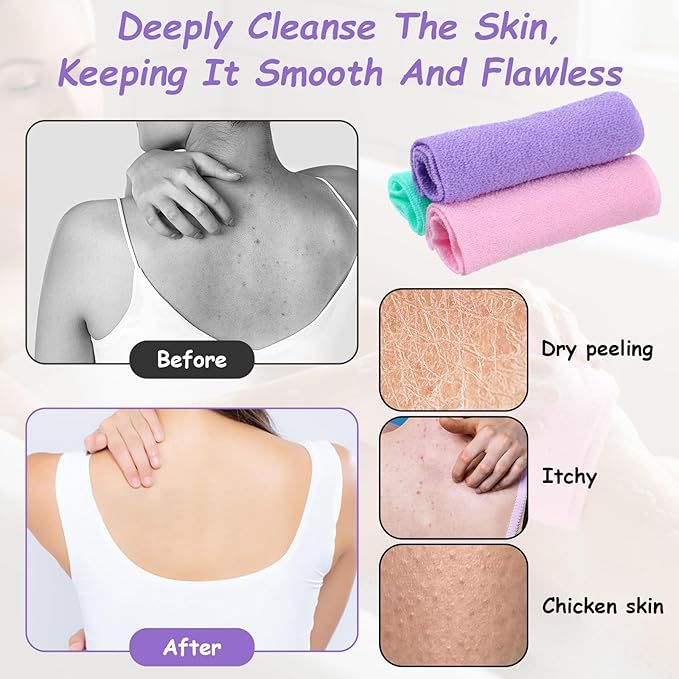 Exfoliating Shower Towel, 3 Pcs Double-Sided Back Exfoliator Body Scrub Towel, Nylon Scrubber with Handles, Stretchable Back Washer for Shower for Women Men(Green, Pink, Purple)