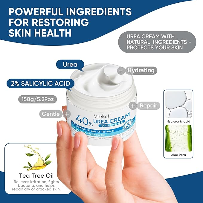 Urea Cream 40% Plus Salicylic Acid 2%, Urea Cream 40 Percent for Feet Maximum Strength, Foot Cream for Dry Heels Cracked (2 PCS)