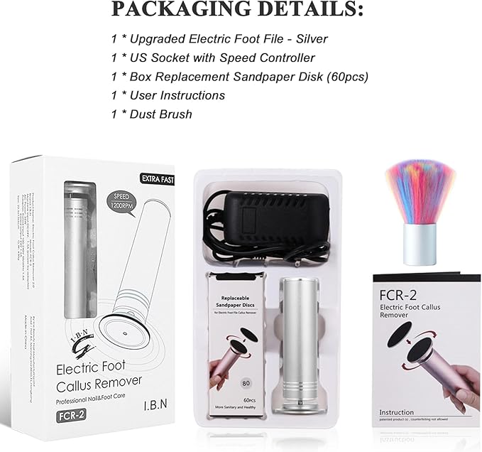 Upgraded Electric Callus Remover for Feet 1200rpm, Adjustable Speed Professional Electric Foot File Pedicure Foot Sander with 60 Replaceable Sandpaper Discs for Heel Dead Skin, Silver