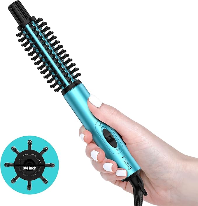 Farery Mini Thermal Brush, Curling Iron 3/4 Inch, Heated Round Brush for Volumizing and Small Curls, Travel Size Curling Iron for Short & Thin Hair, Dual Voltage, One Heat 392°F, Blue
