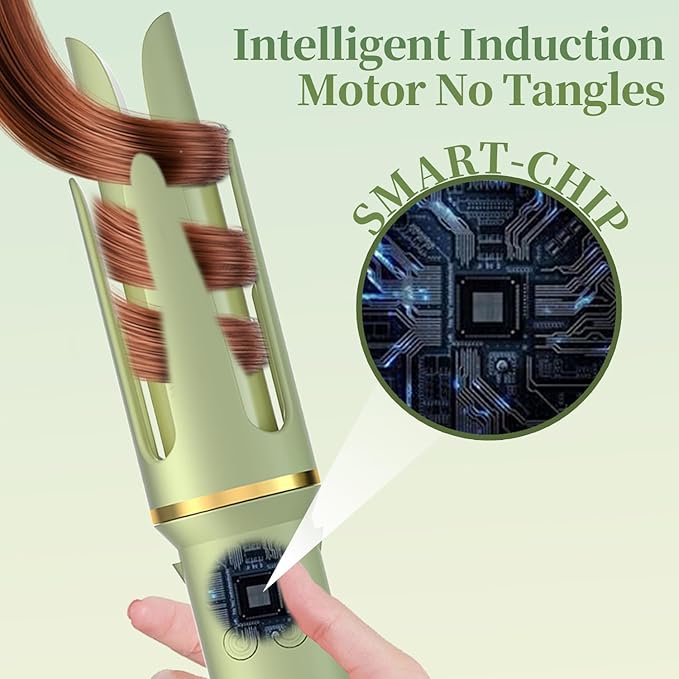 Automatic Curling Iron - Beach Waves Curling Wand with 4 Temperature, Portable Hair Curler Automatic Shut-Off, Anti-Scald, Anti-Tangle Rotating Curling Wand for Hair Styling, Elegant Green