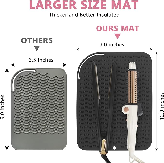 Larger Size Silicone Heat Resistant Mat for Curling Irons, Flat Irons, Hair Straightener and Other Hair Styling Tools, Portable Hot Tools Pad Cover for Travel Vanity Salon(12.0" x 9.0")