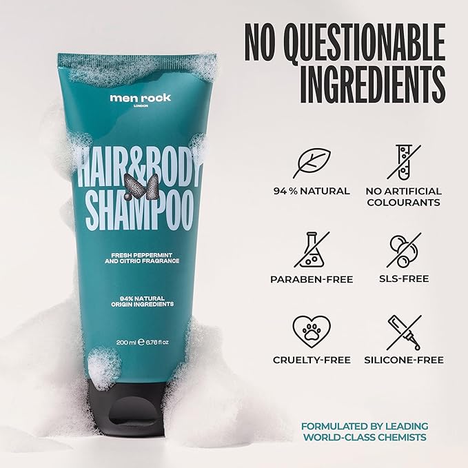Men Rock Hair and Body Shampoo - 2-in-1 Hydrating Mens Body Wash - Volumizing and Moisturizing Shampoo for Men - Skincare Products - 6.76 oz