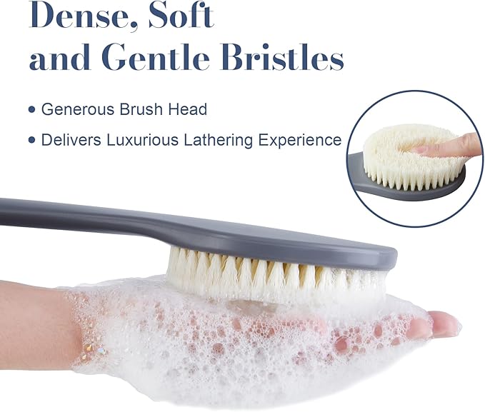 Back Scrubber for Shower, Shower Body Brush for Cleaning with Long Handle for Showering, 17 Inch Back Washer Exfoliator for Shower Men Women with Non-Slip Handle, Adhesive Hook (Gray)