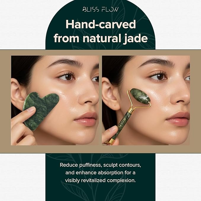 Jade Roller & Gua Sha Set – Natural Jade Face Roller for Puffiness, Wrinkles & Lifting – Cooling Facial Massage Tool for Glowing Skin, Stress Relief & Skincare Absorption