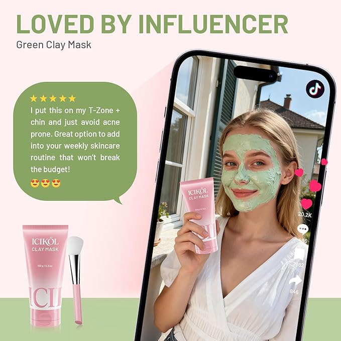 Deep Cleansing Green Clay Mask for Face with Marine Mineralt, Repair Mud Mask to Balance Oil and Moisture, Minimize Blackheads, Soothing Care Pore Cleansing Mask with Brush