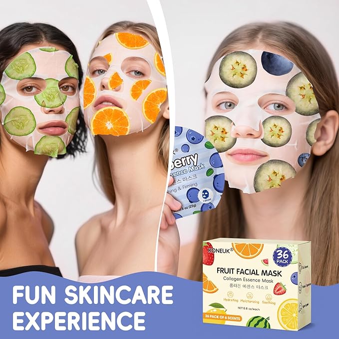 36 Pack Colorful Fruit Face Mask Set, Hydrating & Moisturizing, Bulk Sheet Facial Mask for All Skin Types, Collagen Face Masks Skincare for Women, Christmas Stocking Stuffers and Spa Party Gifts