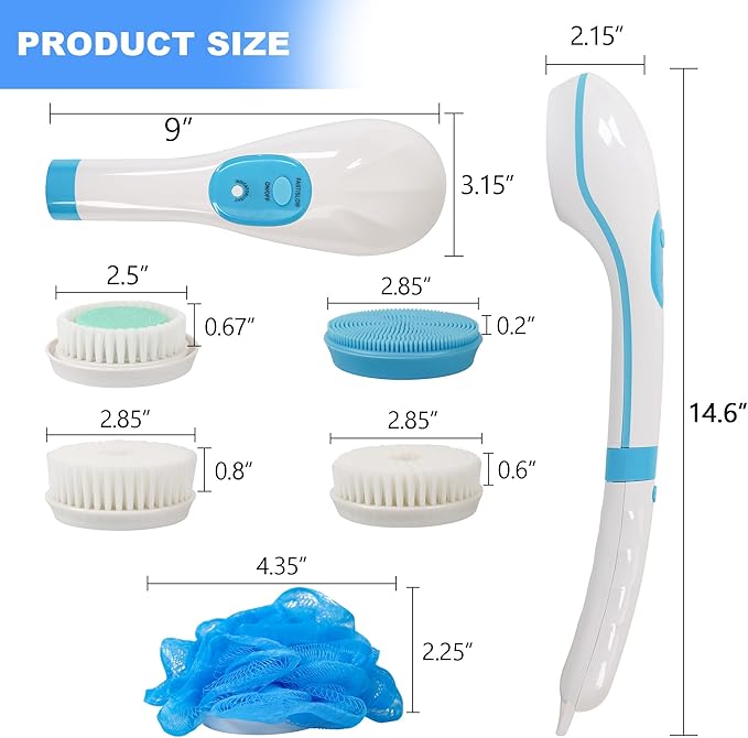 OWIIZI Electric Bath Brush Back Scrubber for Shower, Detachable Long Handle Exfoliating Face Cleansing Silicone Massager, 5 Brush Heads, 6 Speeds, Deep Clean Electronic Body Brushes for Men Women