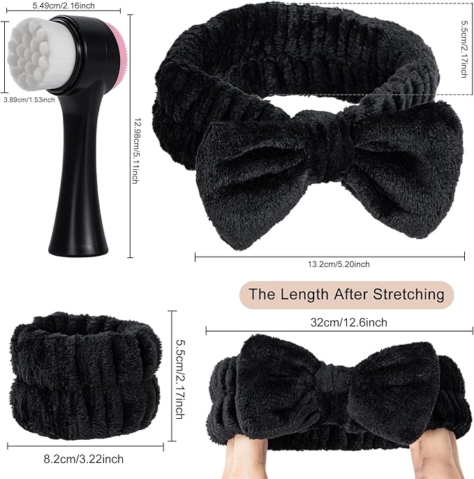 Facial Cleansing Brush 2 in 1, Silicone Face Scrubber Dual Face Brush for Deep Pore Cleansing and Exfoliating, Skincare Headband and Wristbands Set for Washing Face, Massaging Spa Makeup,Black