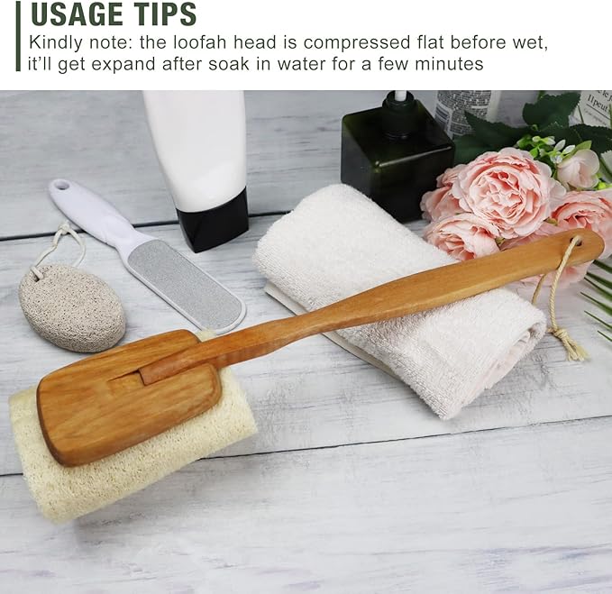 2 Pack Natural Exfoliating Loofah Luffa Loofa Bath Brush On a Stick, Shower Sponge Back Scrubber with Long Wooden Handle for Men & Women, Deep Clean and Invigorate Your Skin Back Brush