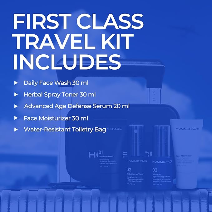 HOMMEFACE Men's First Class Skincare Essentials Travel Kit with Toiletry Bag, 4 Pieces - TSA Approved with Daily Face Wash, Spray Toner, Serum & Moisturizer
