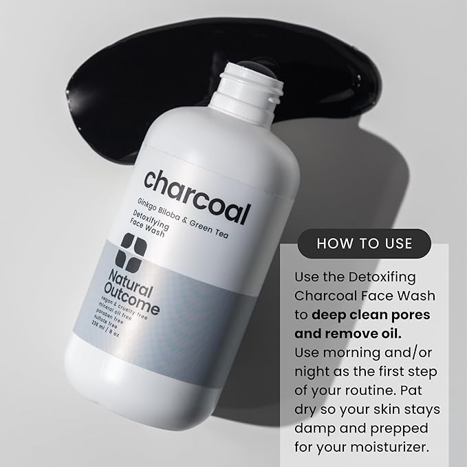 natural outcome Charcoal Face Wash | Daily Detoxifying Charcoal Cleanser for Acne | Deep Pore Cleanser Hydrates & Purifies Skin with Green Tea, Aloe Vera, & Ginkgo Biloba | For Men & Women | 8 oz