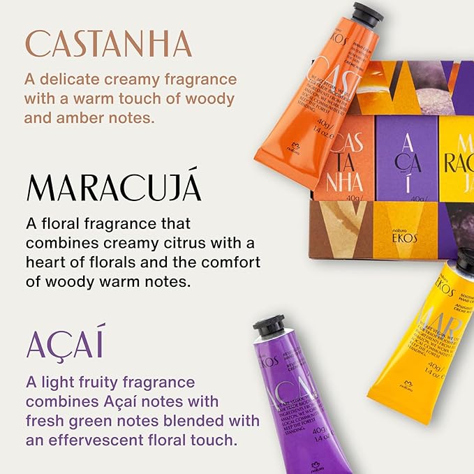 Natura - Tropical Hand Cream Trio Variety Pack, 3 Creams - (1) Passion Fruit, (1) Brazil Nut, & (1) Açaí Hand Cream - Vegan Skin Care - Brazilian Beauty Secrets - Self Care & Body Care - 1.41oz (40g)